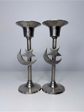 Vintage Celestial Candlesticks – Moon & Star Metal - Pair